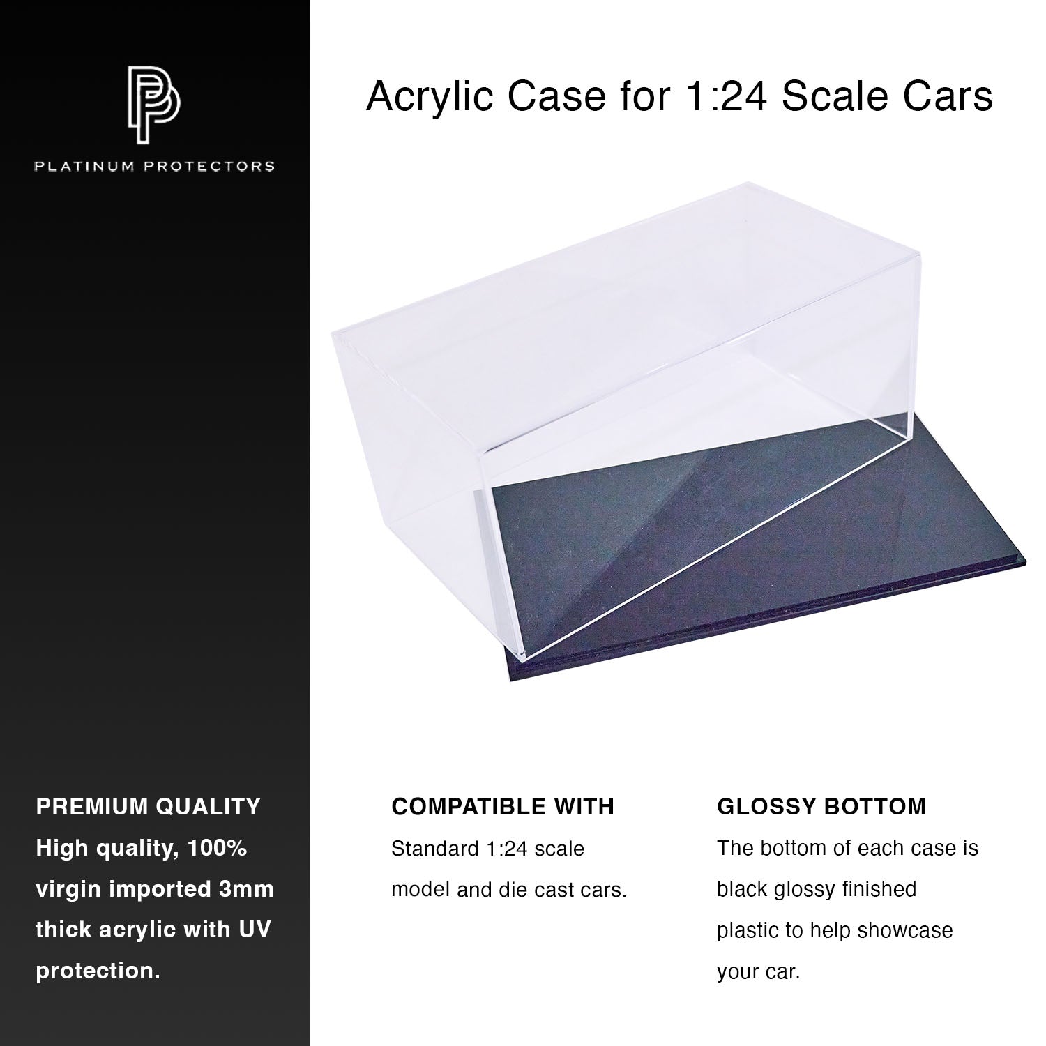 Premium Acrylic Case for 1:24 Scale Die Cast Model Cars with Black Base