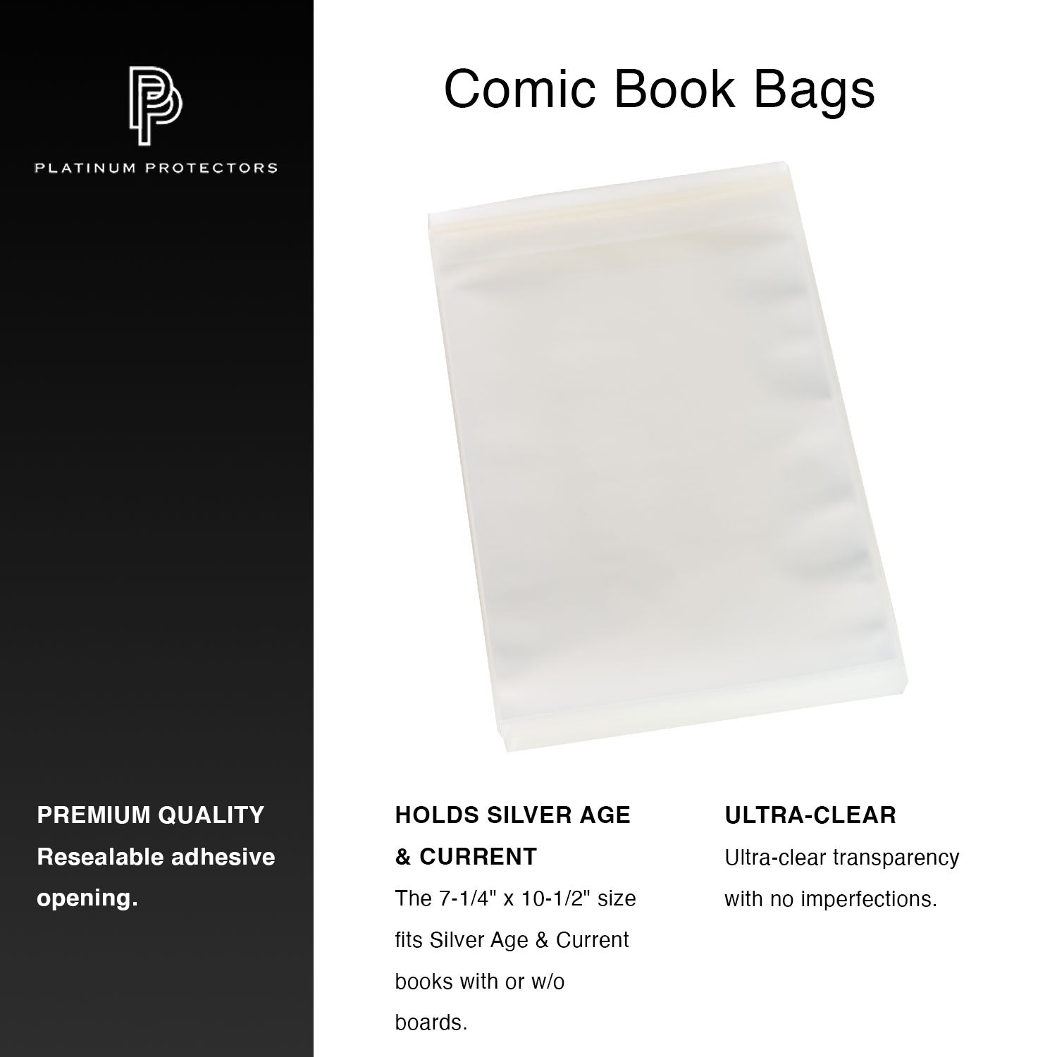 Platinum Protectors Comic Book Bags for Silver Age, Current/Modern with Resealable Strip - 100 Pack