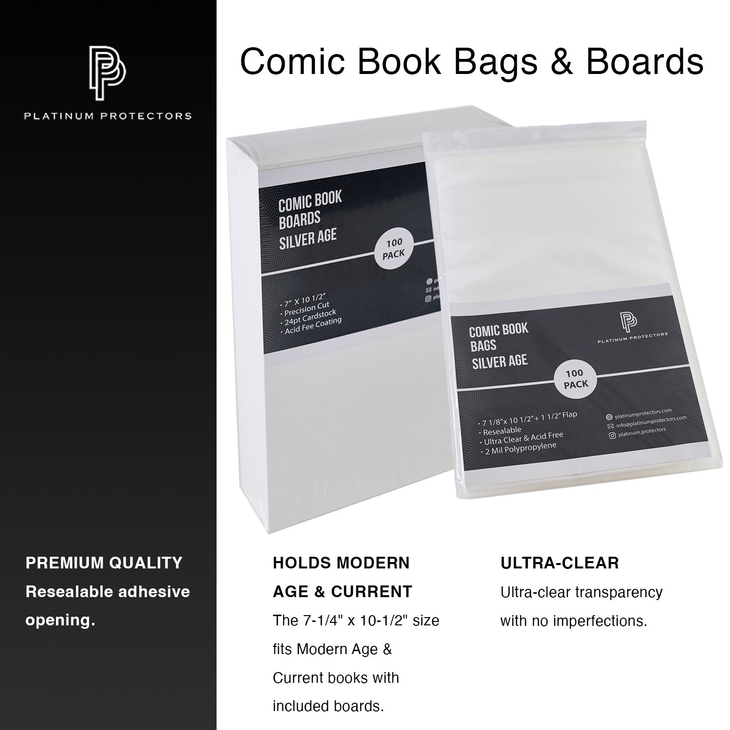 Platinum Protectors Comic Book Bags & Boards for Silver Age, Current/Modern with Resealable Strip - 100 Pack