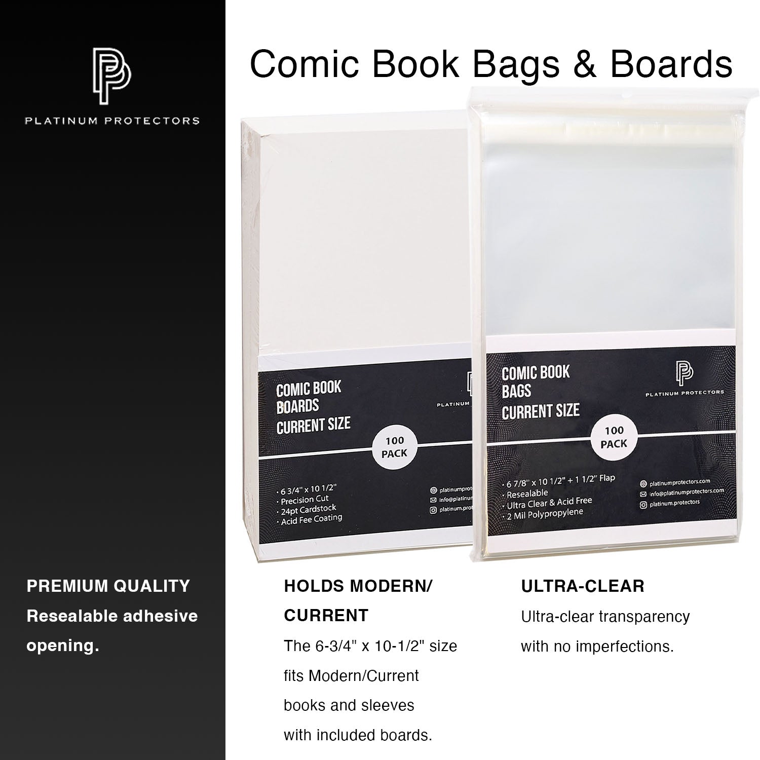 Platinum Protectors Comic Book Bags & Boards for Current/Modern with Resealable Strip - 100 Pack